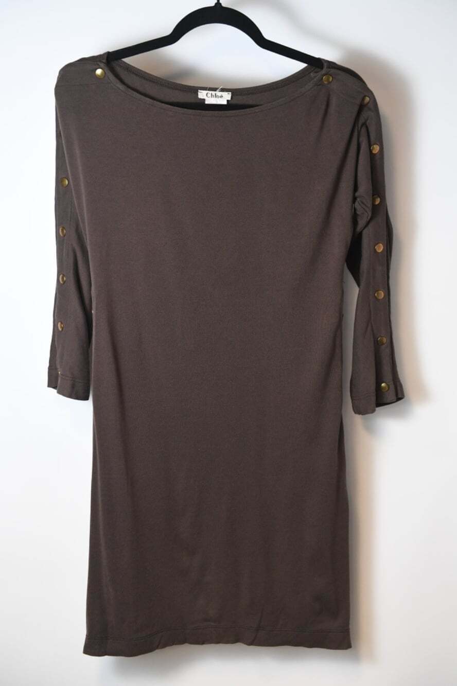 Chloé Vintage Moka Brown Jersey Tunic Dress Gold Button Sleeve Mini FR 42 US 10